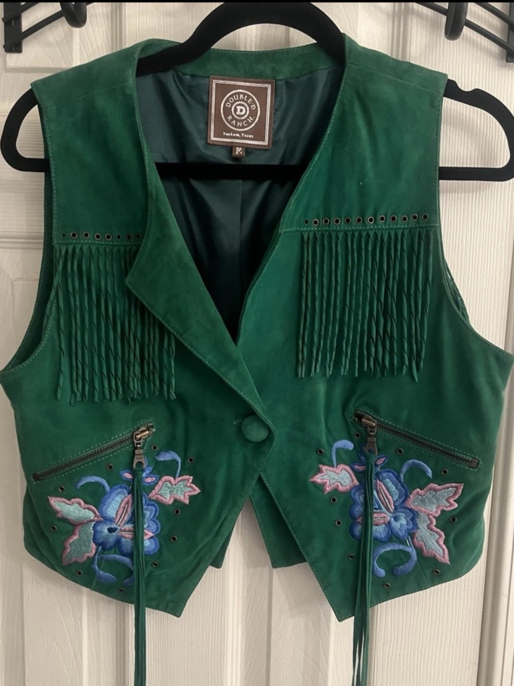 Double D Ranch leather suede Fringe Vest embroidered floral design RTL $595 M